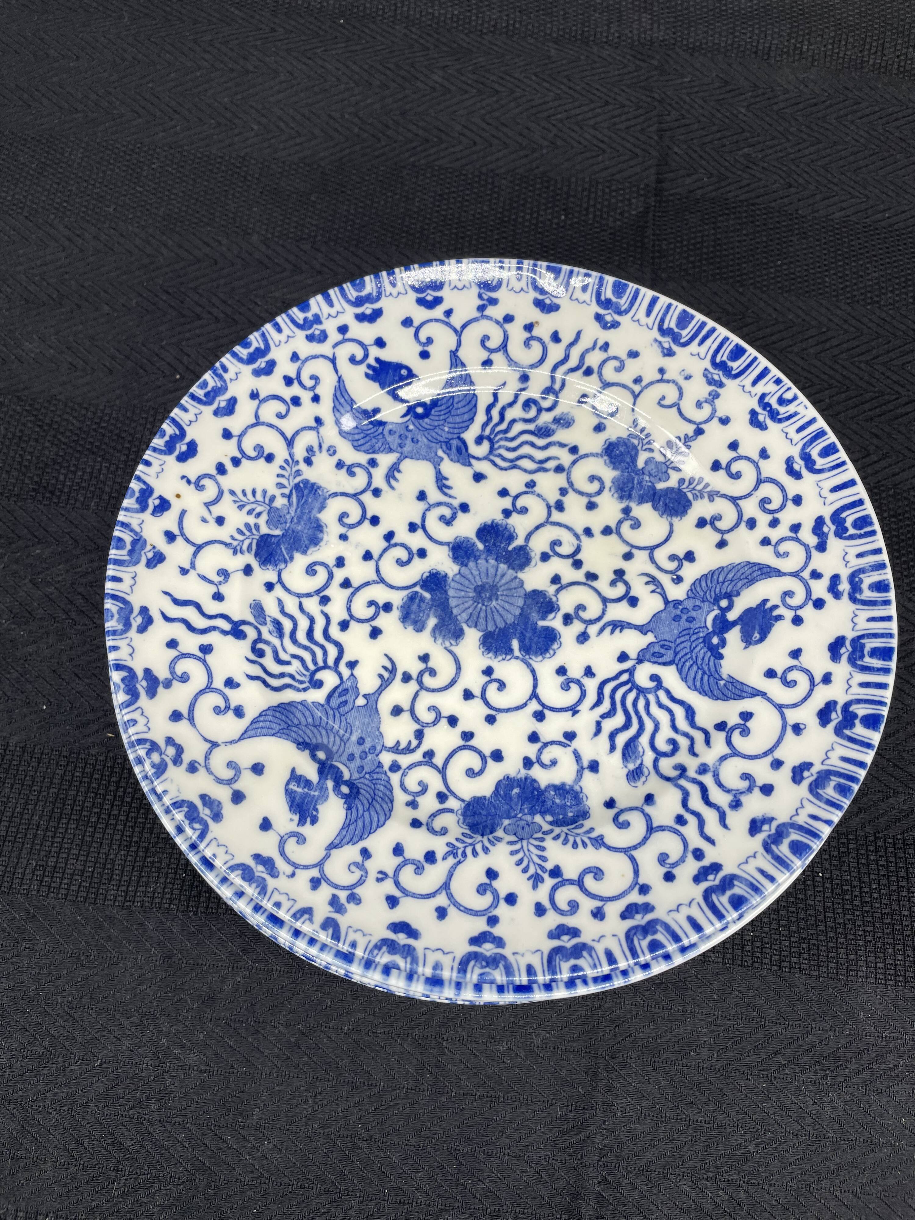 Service of 6 dessert plates, floral decoration, flowers, Japanese porcelain, Phoenix pattern, Blue, Japan