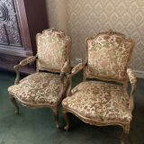 Pair of LOUIS XV style armchairs with gilded and floral tapestry