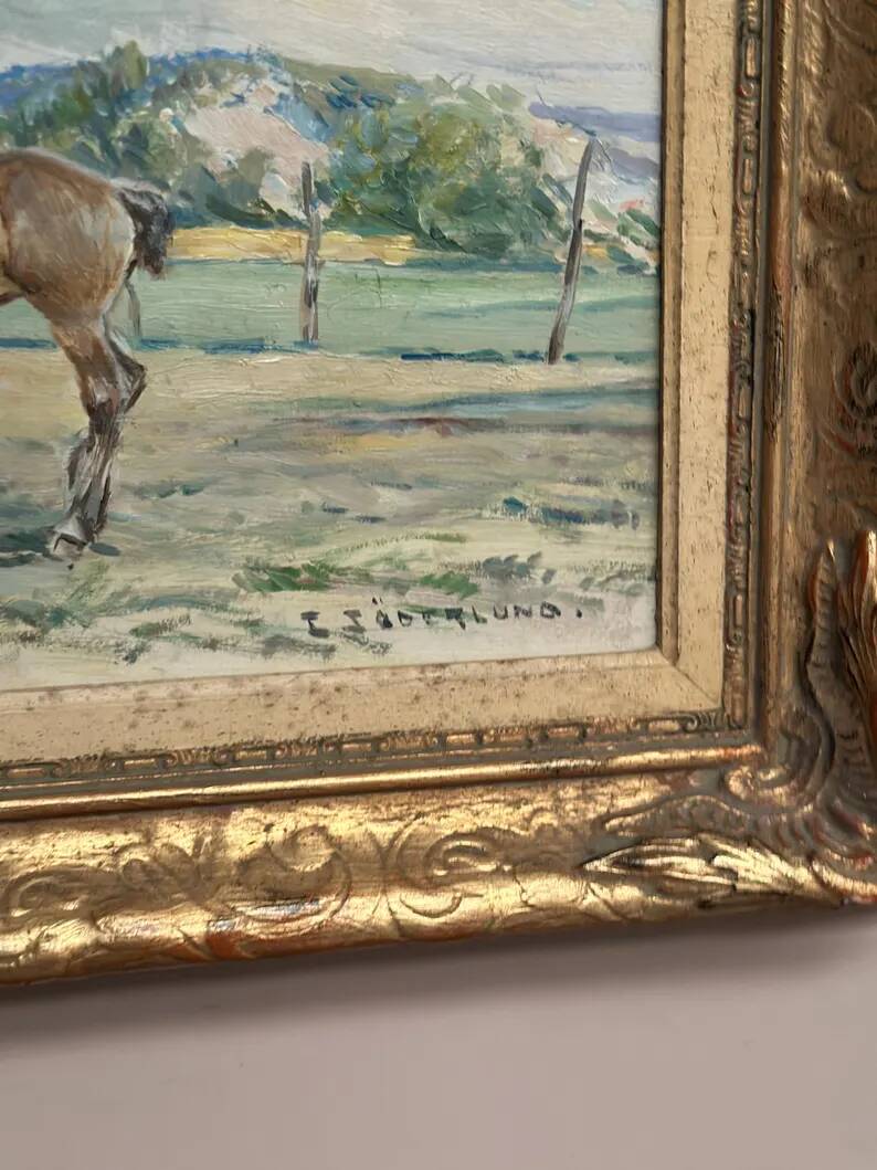 Original Vintage Swedish Oil on Panel – “Horses in a Pasture” by Einar Söderlund – Signed – Vintage & Framed