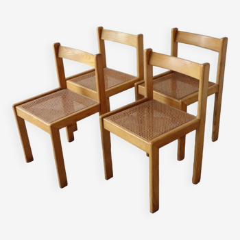 Set of 4 vintage beech and cane chairs, 1960