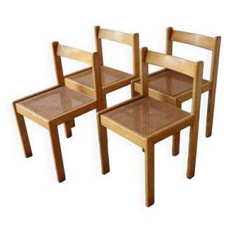 Série de 4 chaises vintage en hêtre et cannage, 1960