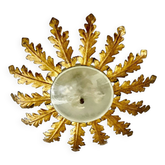 Golden sunburst ceiling chandelier with metal and glass, 1960s
