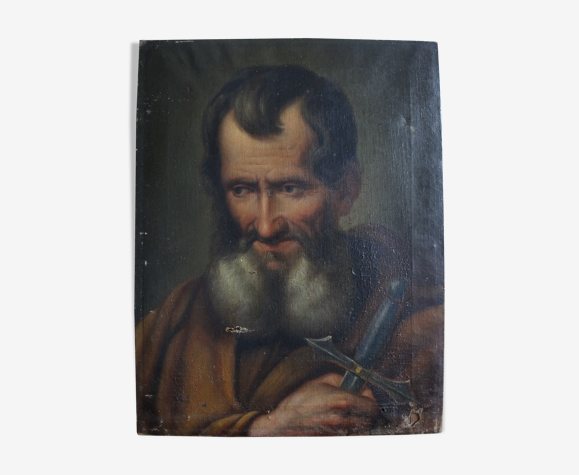 Peinture ancienne portrait à l'huile homme barbu épée XIXème