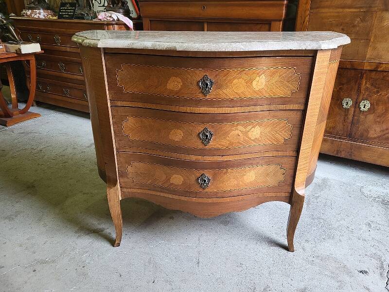 Curved chest of drawers in rosewood and marble marquetry