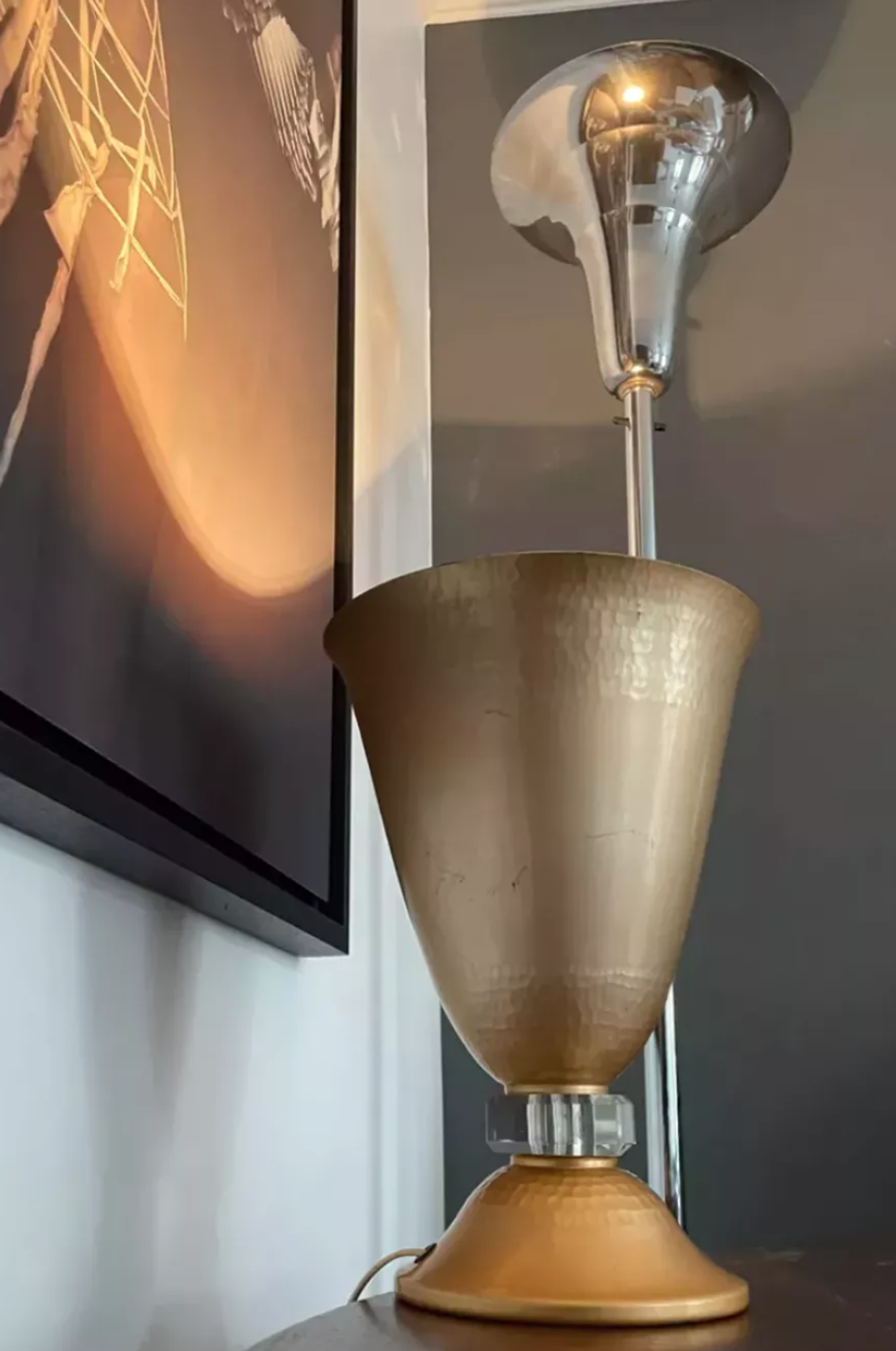 Art Deco table lamp hammered copper basin and crystal, france 1930 vintage