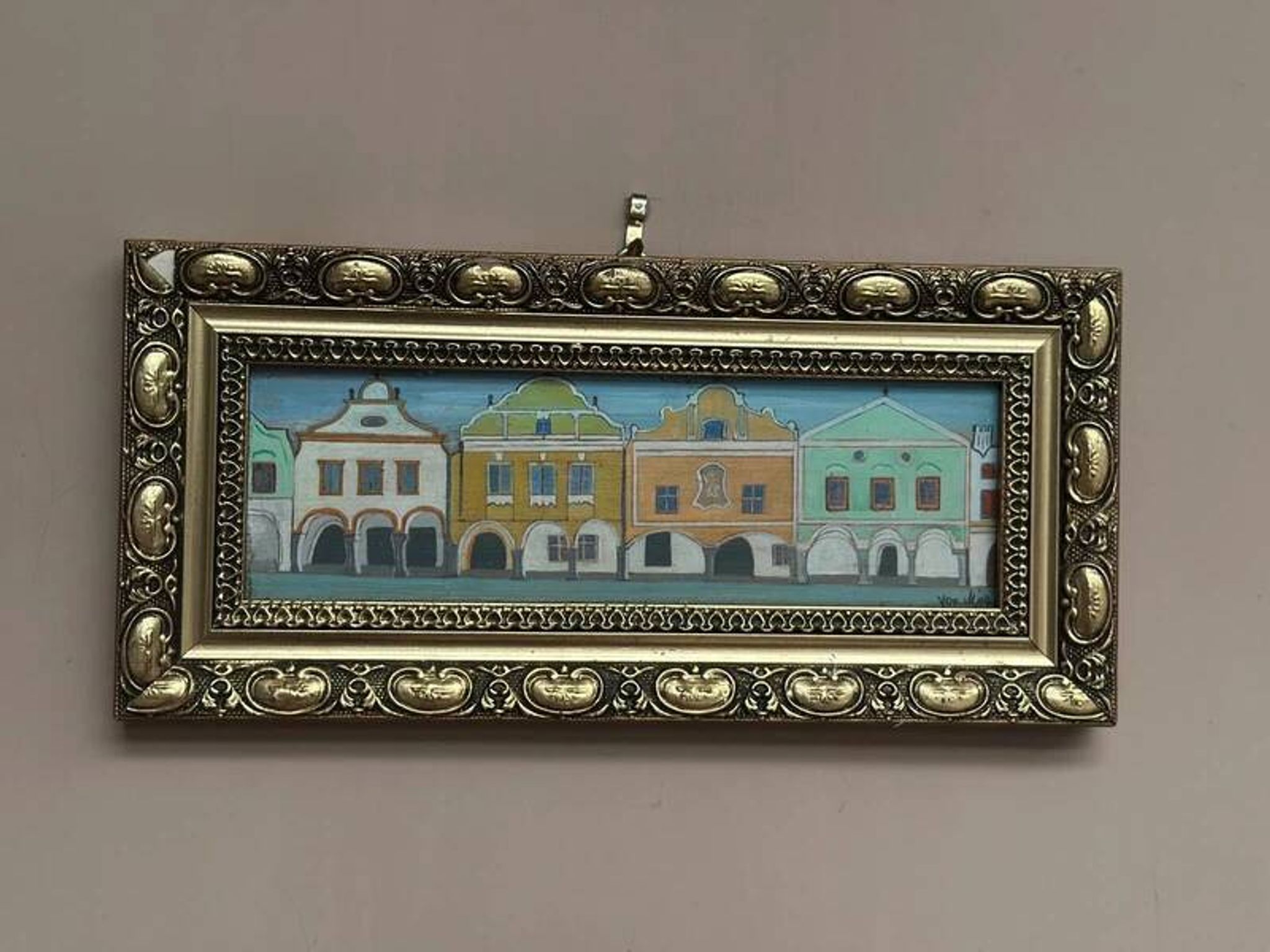 Original woodcut art 'Buildings I' by unknown artist, vintage & framed 34×16cm