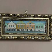 Original woodcut art 'Buildings I' by unknown artist, vintage & framed 34×16cm