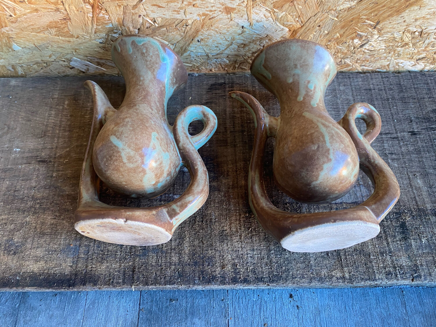 Pair of Beige Ceramic Soliflore Vases Vintage France #D889