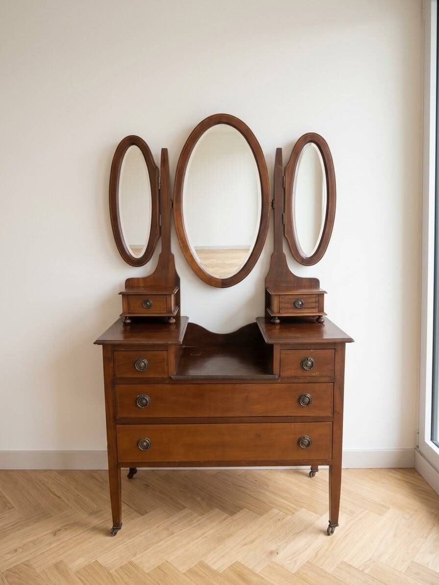 Coiffeuse ancienne en bois avec miroir tryptique