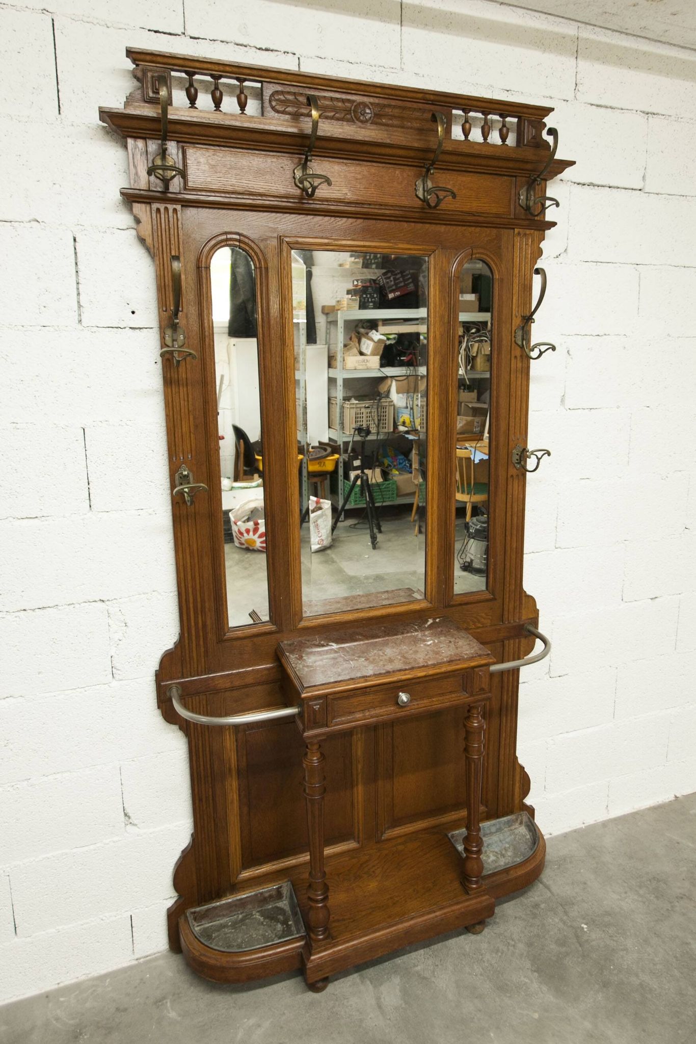 Napoleon III style walnut wardrobe, late 19th century, 3 mirrors, marble top, 8 coat hooks