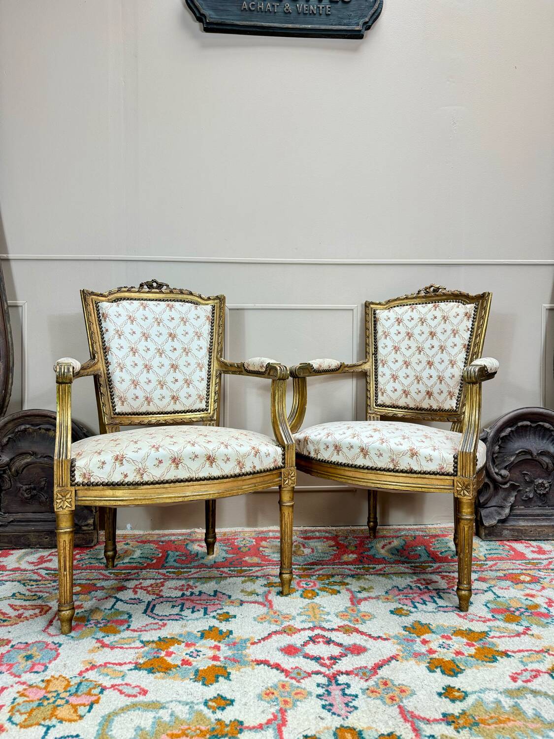 Pair of louis xvi style gilded wood armchairs, 19th century