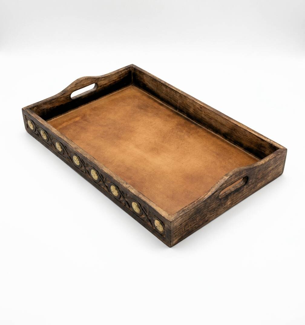 Vintage handcrafted service platter in carved and inlaid wood, India.