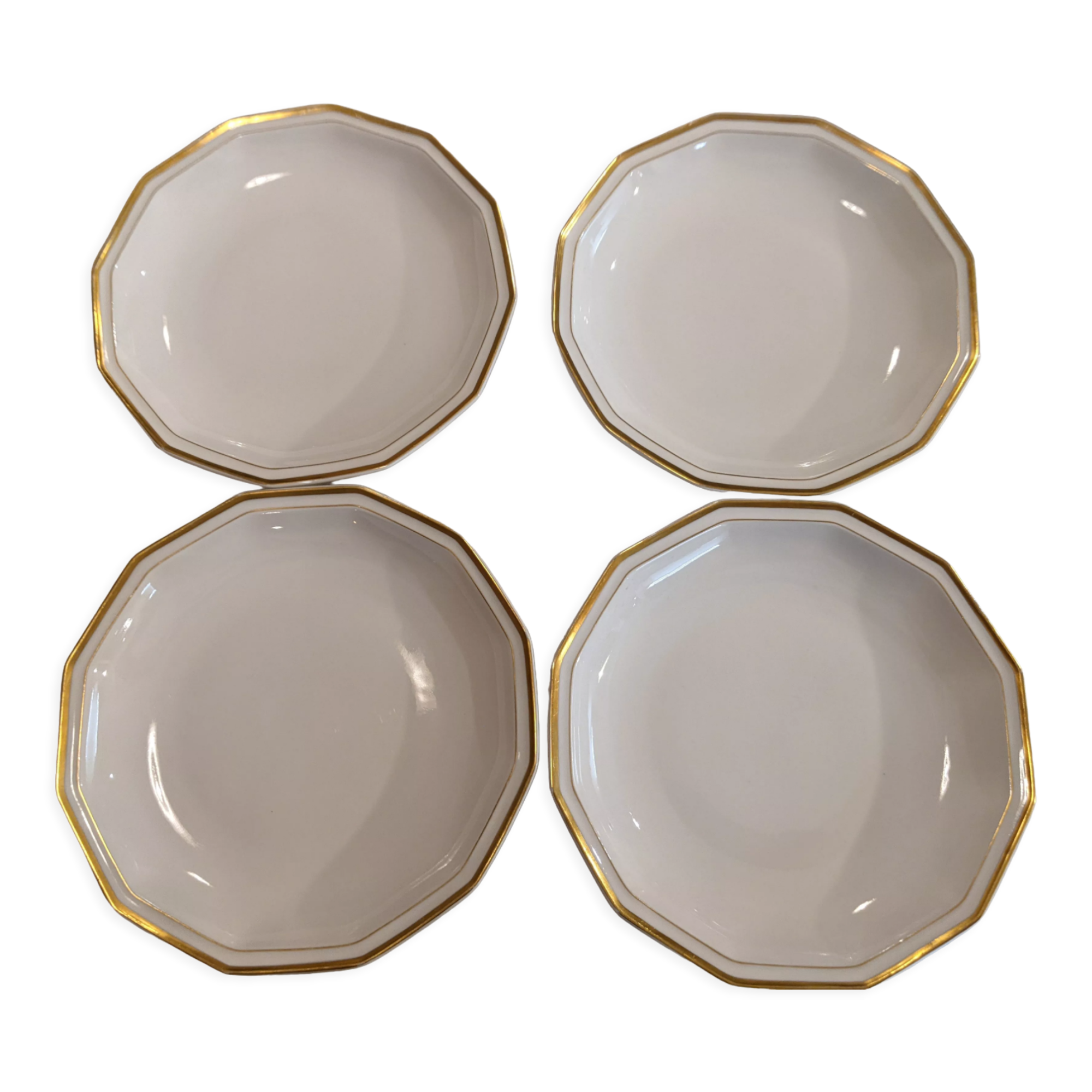 Set of vintage hollow plates in white and gilded Limoges porcelain