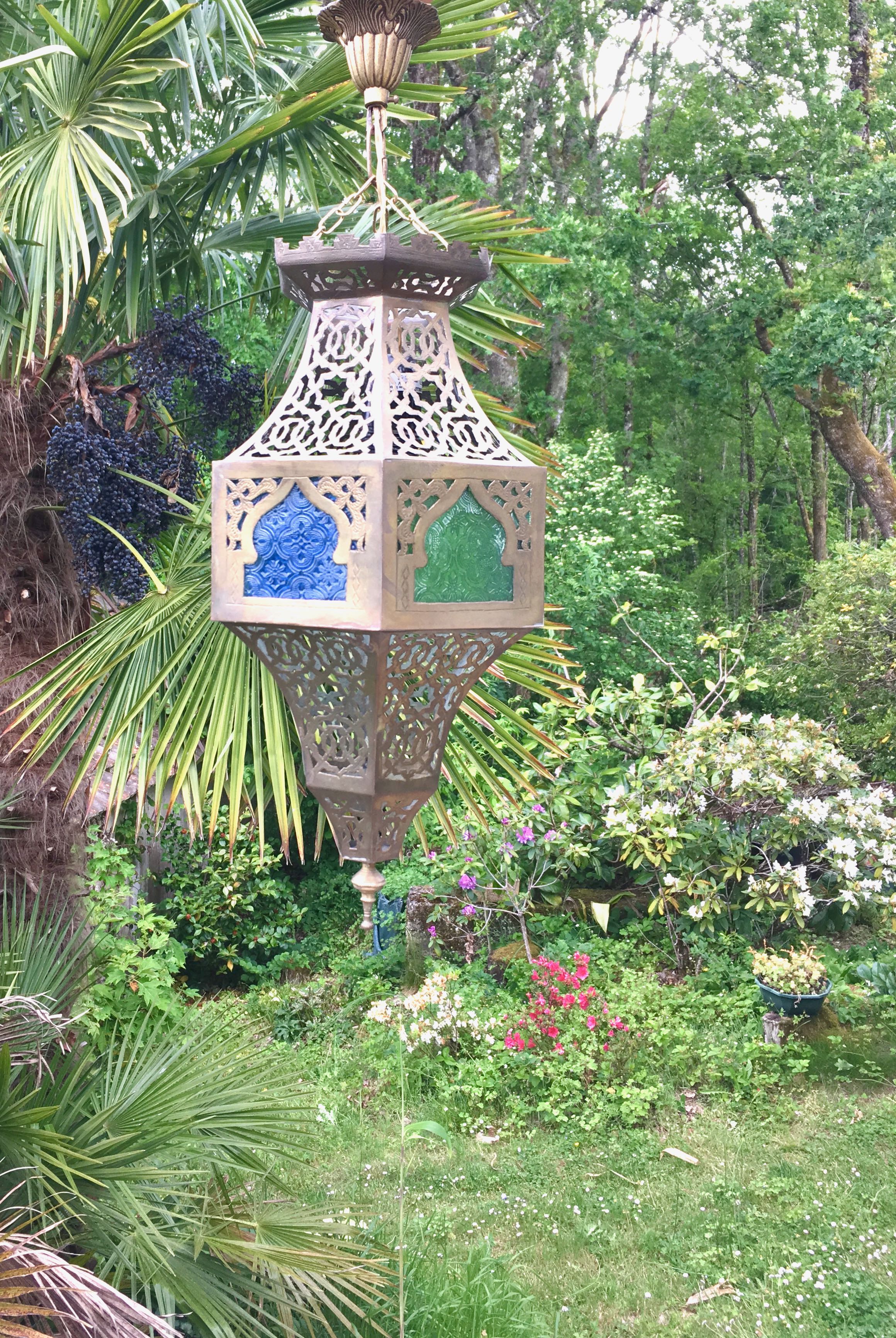 Moroccan brass suspension and coloured glass