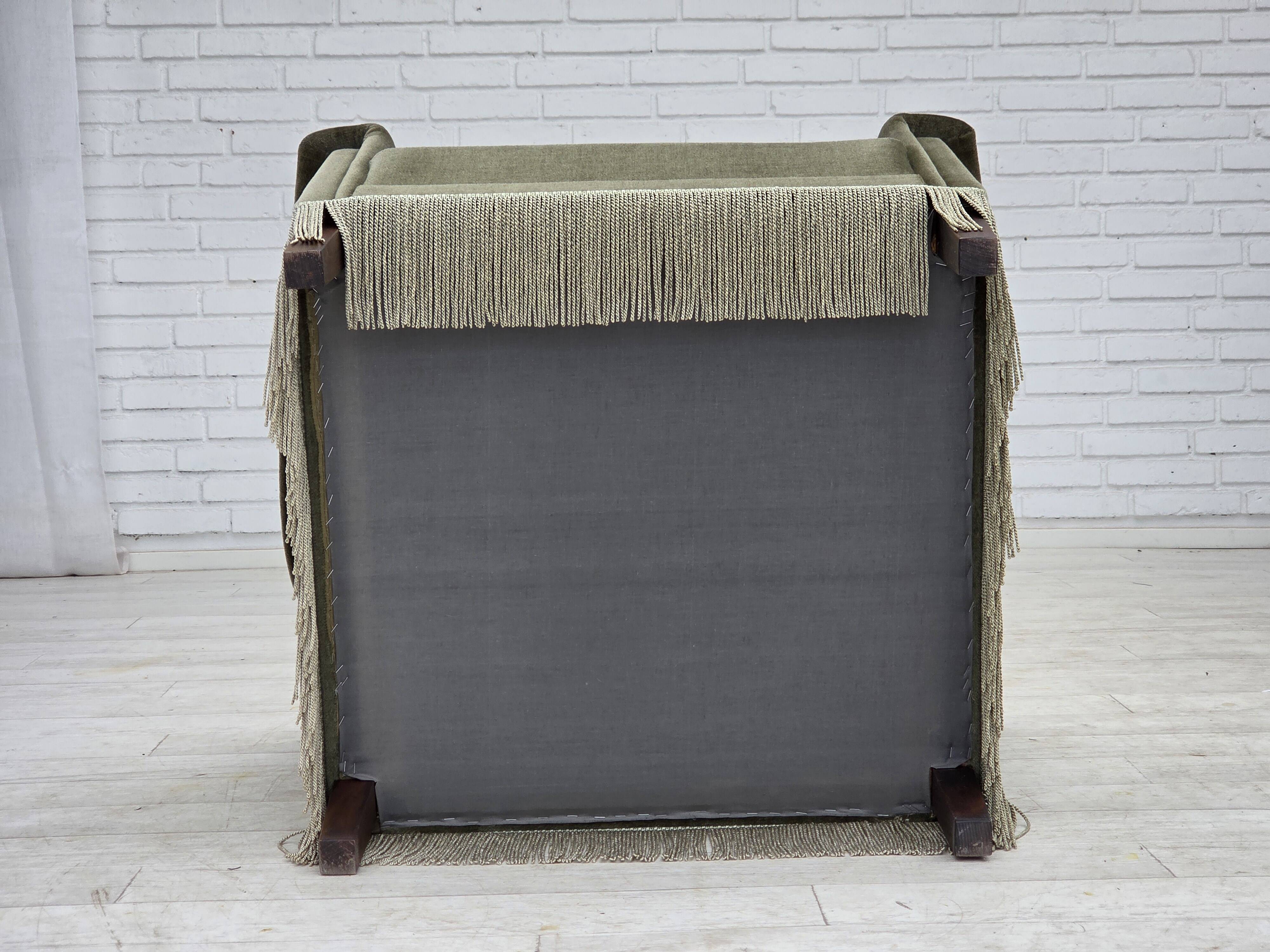 1970s, Danish armchair, original green furniture velour, beech wood.