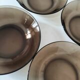 Ensemble de 5 assiettes creuses vintage Duralex en verre fumé marron glacé