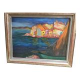 Mediterranean oil on canvas 80s signed Monique Barnier
