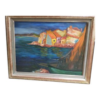 Mediterranean oil on canvas 80s signed Monique Barnier