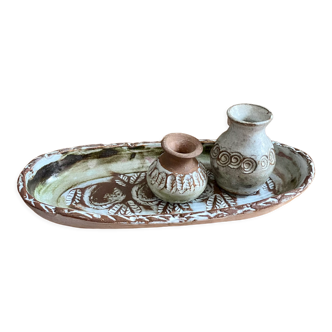 Plat coupe et 2 vases céramique Albert Thiry Vallauris