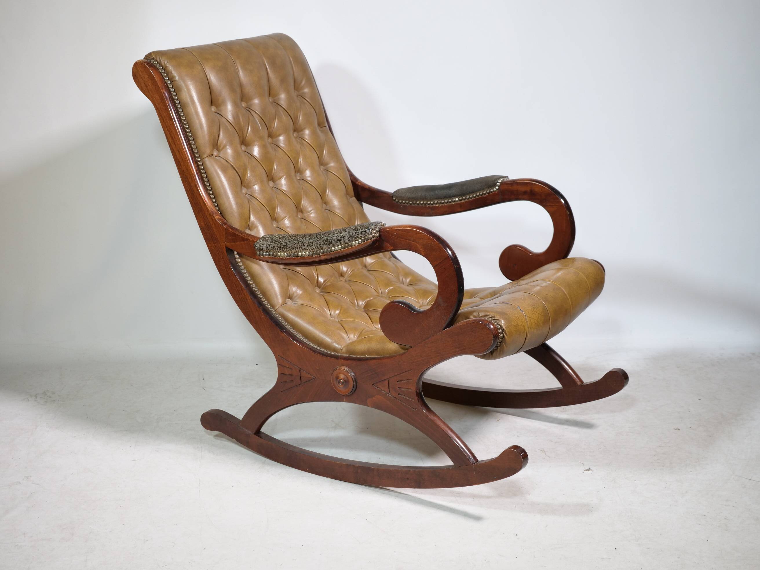 Vintage Chesterfield Design Leather Rocking Chair in Wood, 1920s