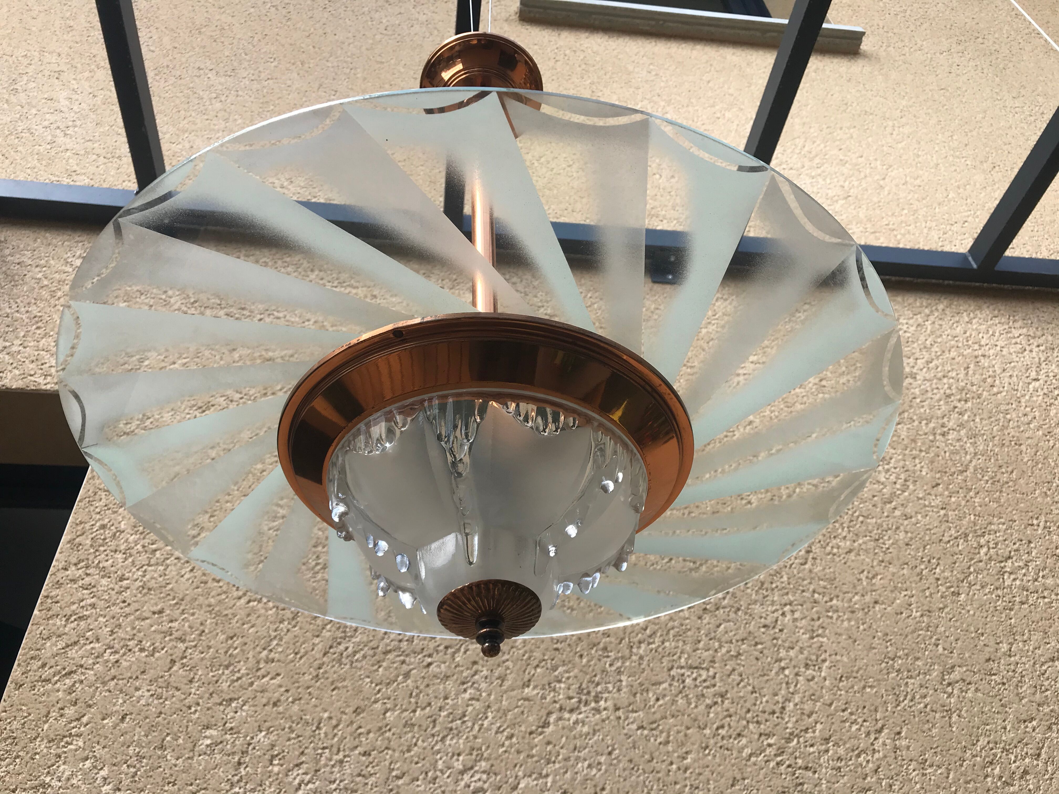 Copper and glass hanging lamp with his Ezan glass disc