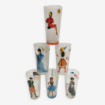 6 verres décor émaillé vintage . motif femme pays années 50 . villeroy & boch saar
