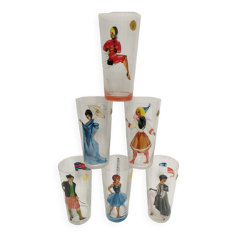 6 glasses vintage enamelled decoration. Pattern woman country 50s. Villeroy & Boch Saar