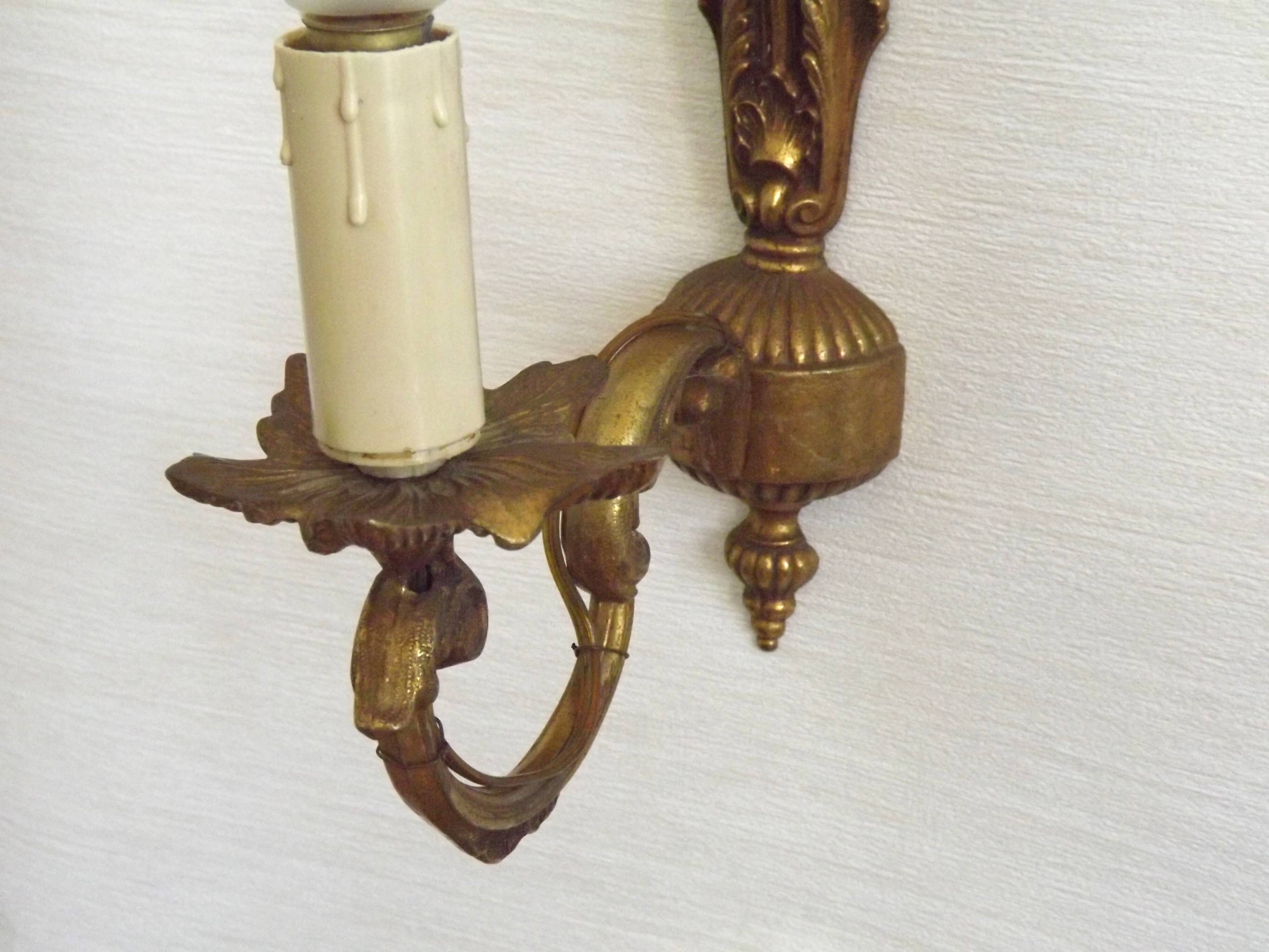 Pair French Gilt Bronze Single Wall Sconces Leaf & Feather Plume Detail
