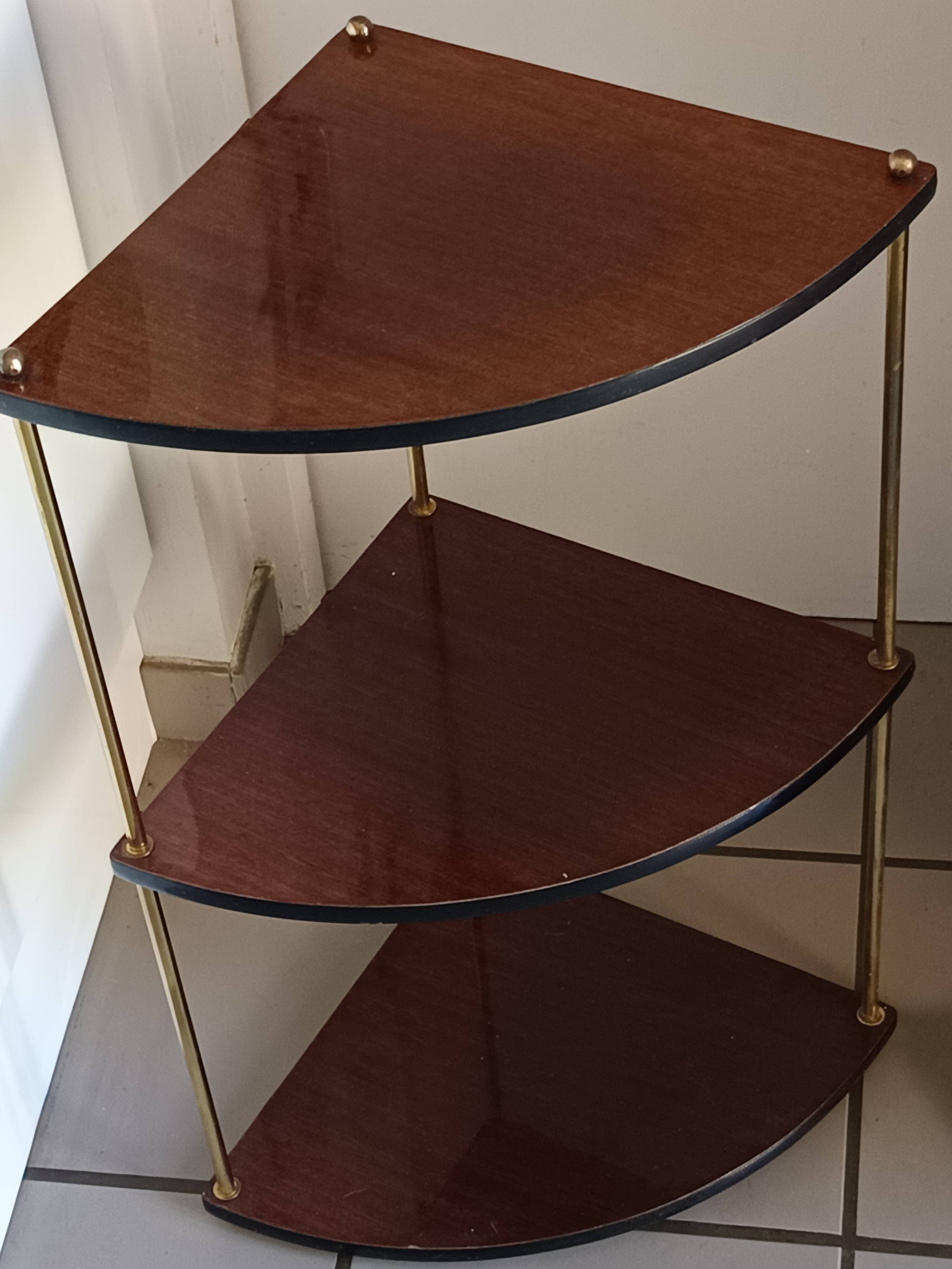 Pair of vintage corner shelves in wood and gold metal, 1960s