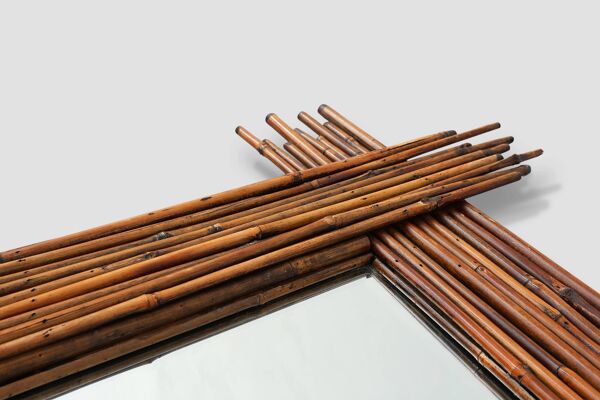 Grand miroir vintage en bambou avec miroir biseauté, France années 1960