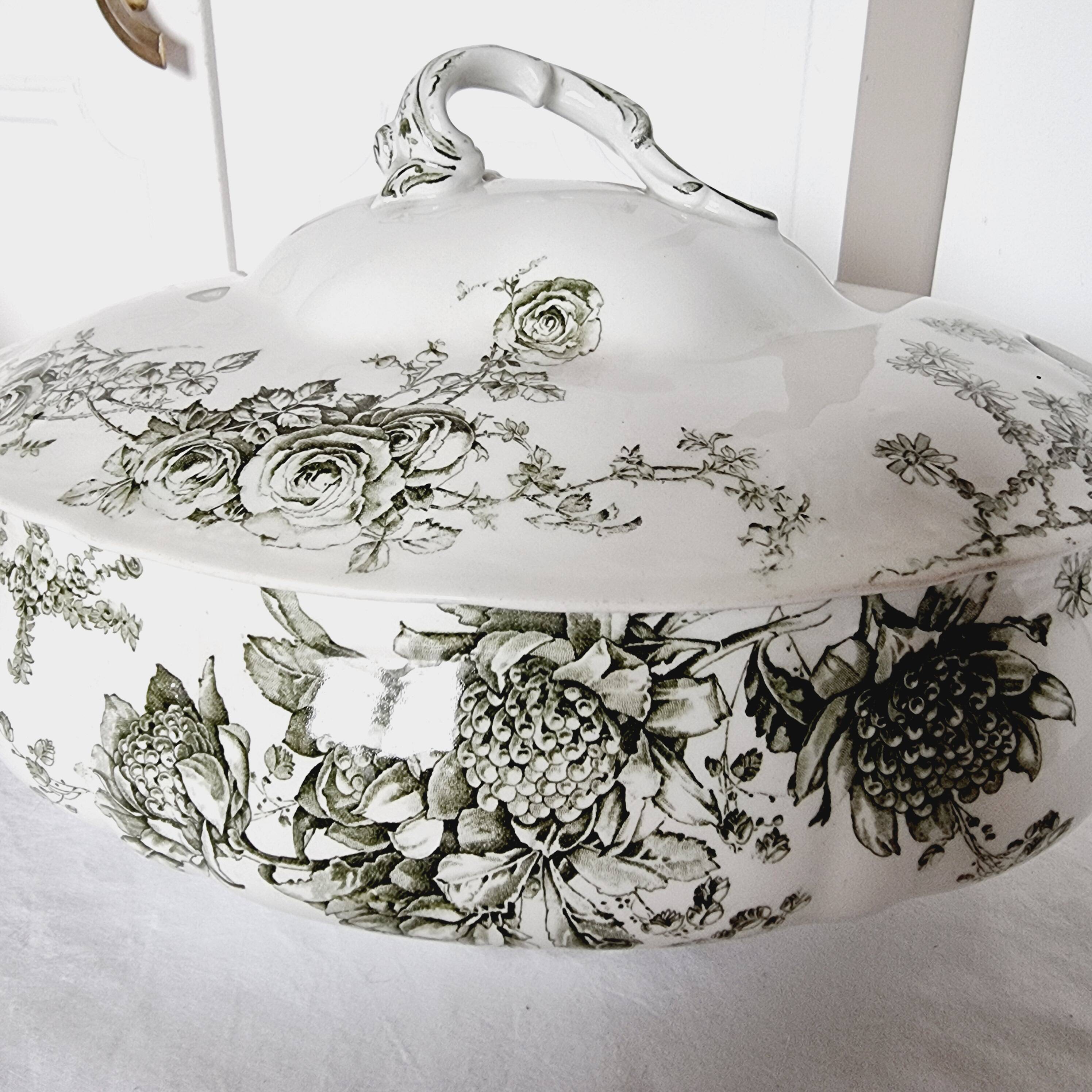 Antique Doulton Brurslem English Porcelain Tureen with Rose and Waratah Pattern from 1920