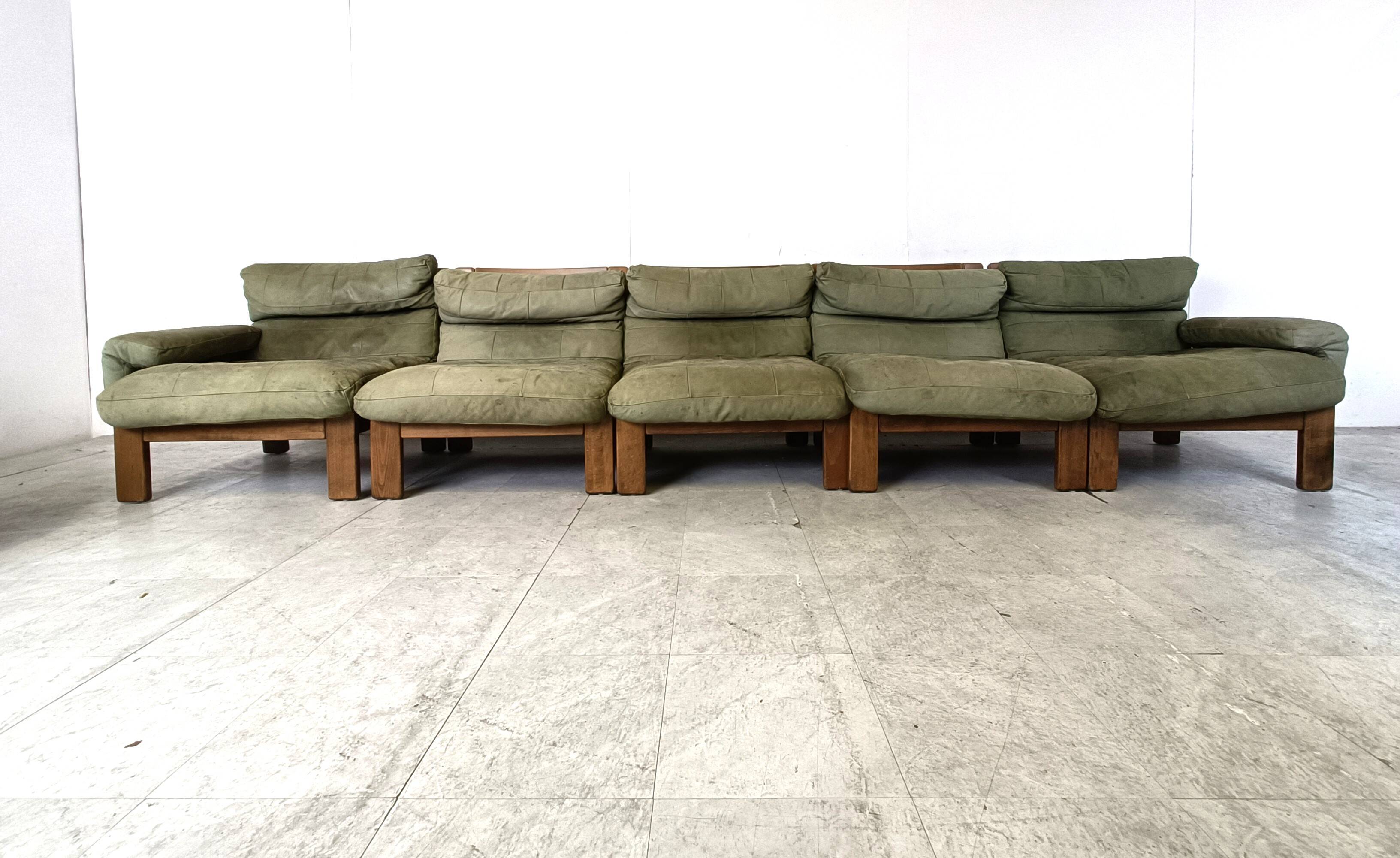 Vintage modular green leather sofa, 1960s