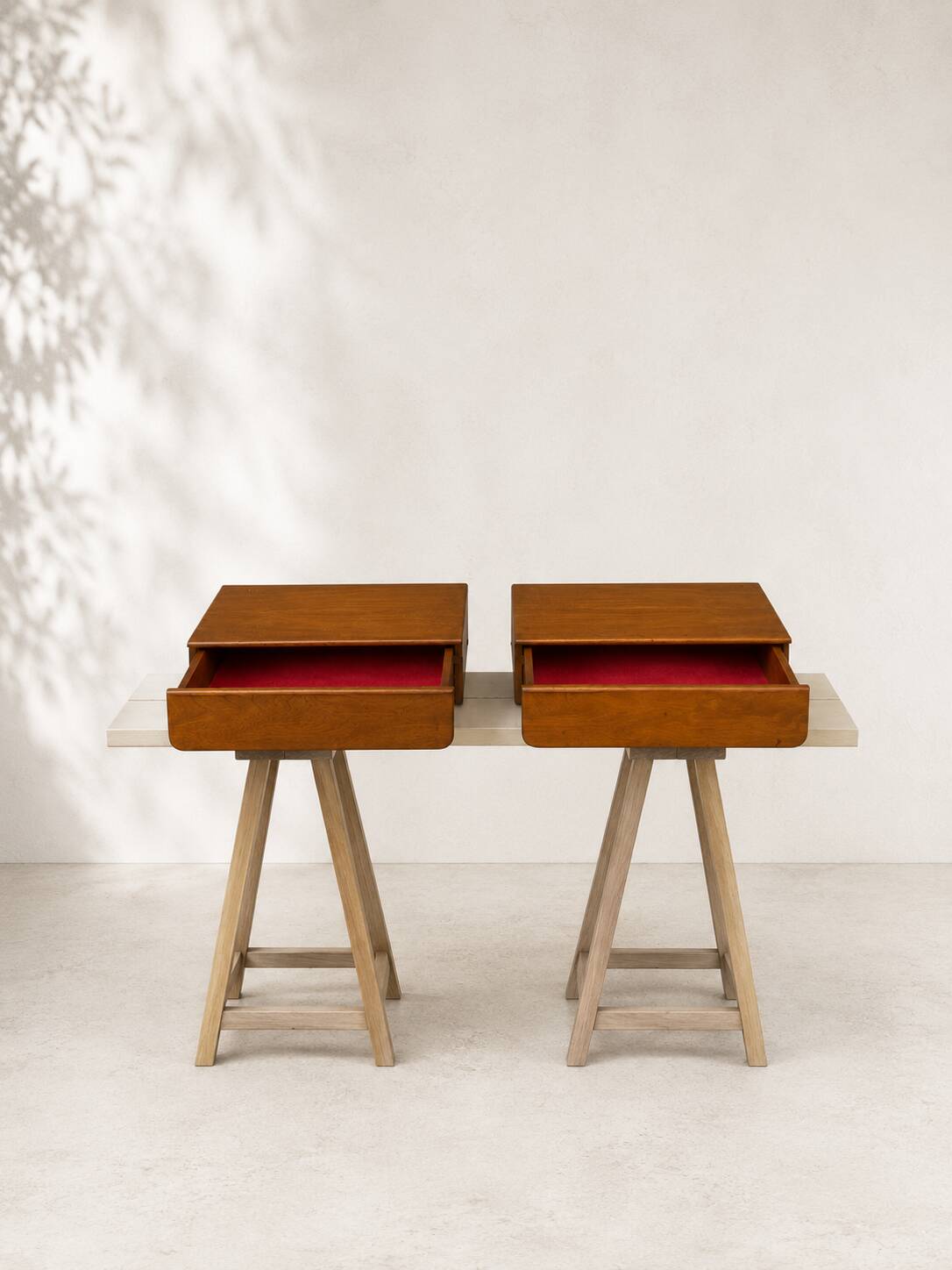 Pair of modernist wooden wall-mounted bedside tables – 1960s