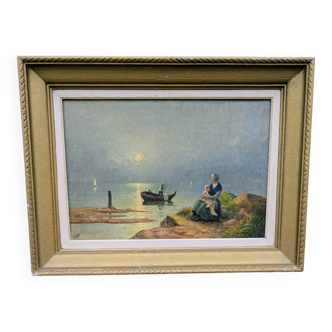 Old tableau oil on panel signed Valla marine scene fisherman mother