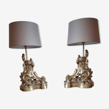 Paire de lampes anciennes en bronze style Louis XV Chenets d'époque XIX ème