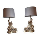 Paire de lampes anciennes en bronze style Louis XV Chenets d'époque XIX ème