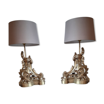 Paire de lampes anciennes en bronze style Louis XV Chenets d'époque XIX ème
