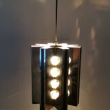 Unique hanging lamp, Danish from the 80s, in shiny metal (chrome) with mirror reflection.