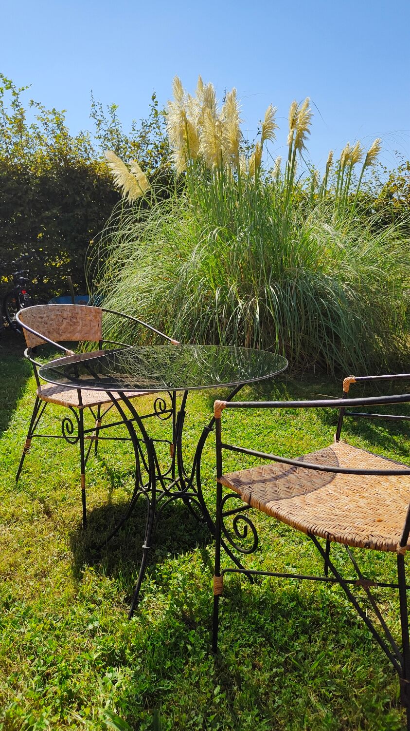 Garden table and wrought iron chair