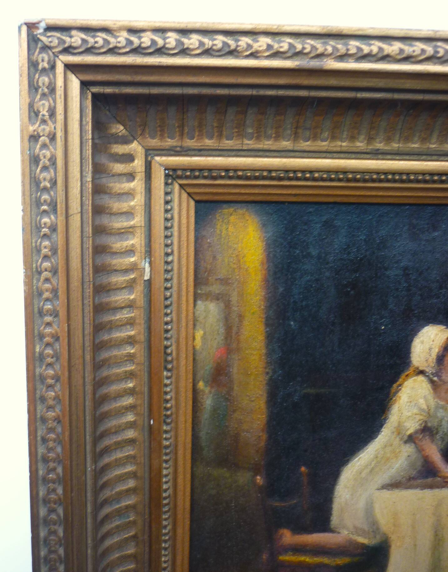 Tableau, huile sur panneau "Bonjour Grand Père", début XXème, cadre doré