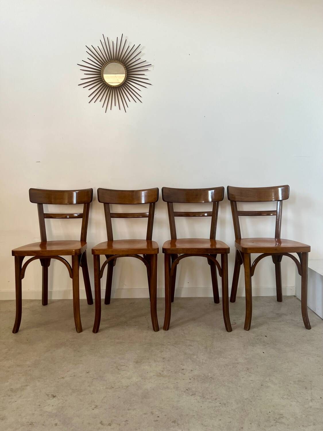 Set of 4 old vintage Baumann 50s wooden bistro chairs
