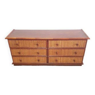 Commode/enfilade 6 tirroirs rotin/bambou  70's