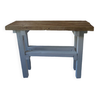 Vintage workbench with pearl gray patinated base and wooden top