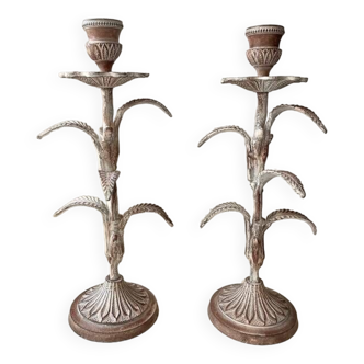 2 Aged Metal Candlesticks