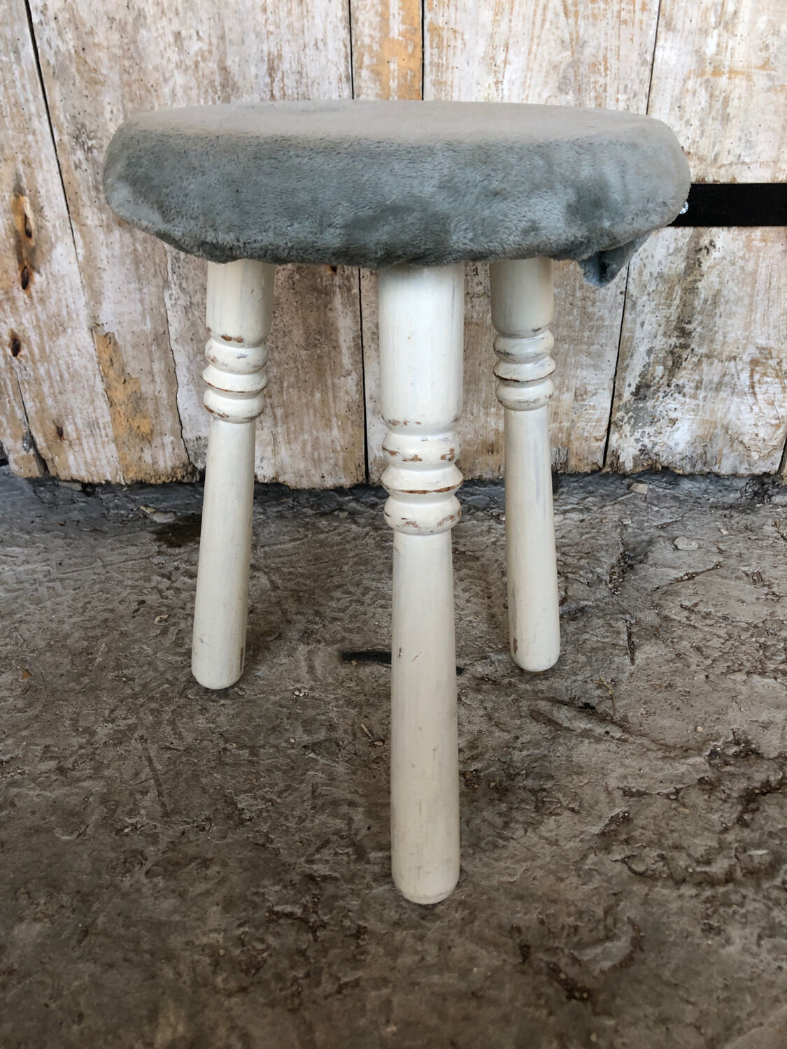 White Wood Tripod Milking Stool + Vintage Blue Gray Velvet Seat #A292
