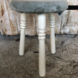 White Wood Tripod Milking Stool + Vintage Blue Gray Velvet Seat #A292