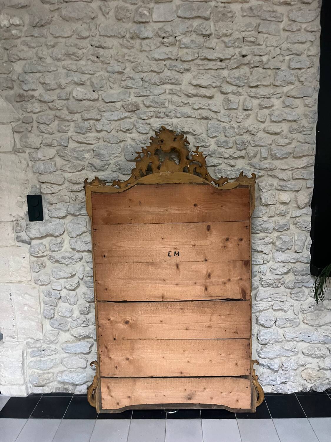 Antique mirror 169/105cm with pediments and pearl detailing in gold leaf.