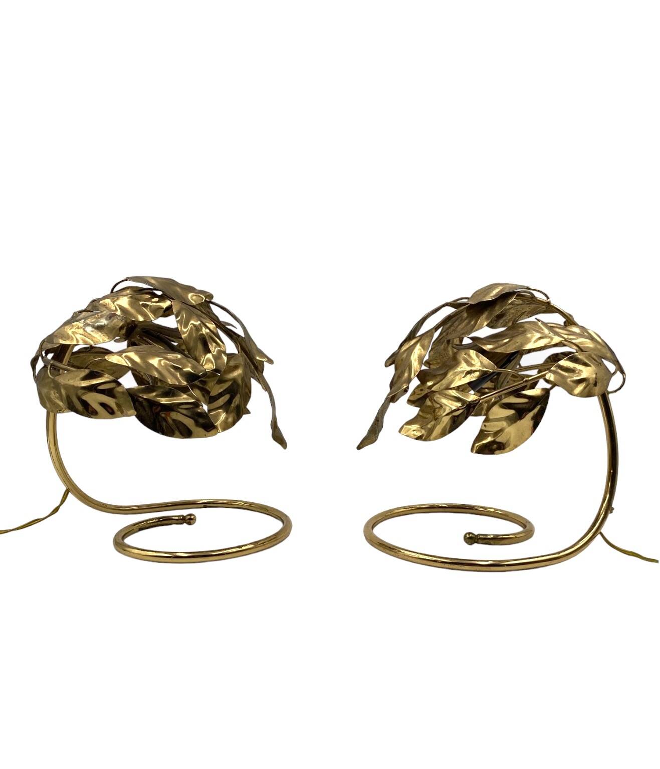 Hollywood regency set of 2 brass leaves table lamps, Bottega Gadda Italy, 1970s