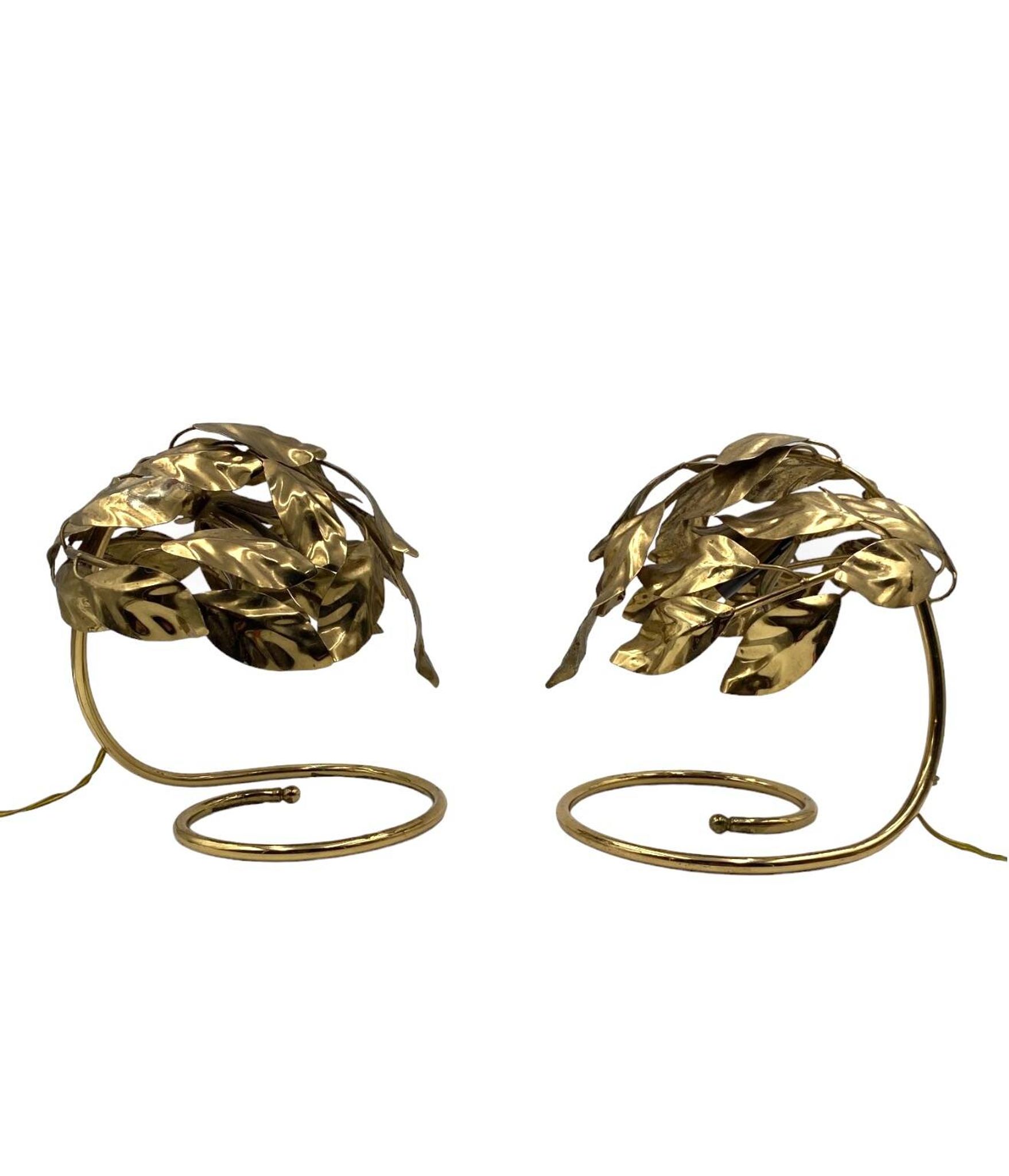Hollywood regency set of 2 brass leaves table lamps, Bottega Gadda Italy, 1970s