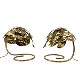 Hollywood regency set of 2 brass leaves table lamps, Bottega Gadda Italy, 1970s